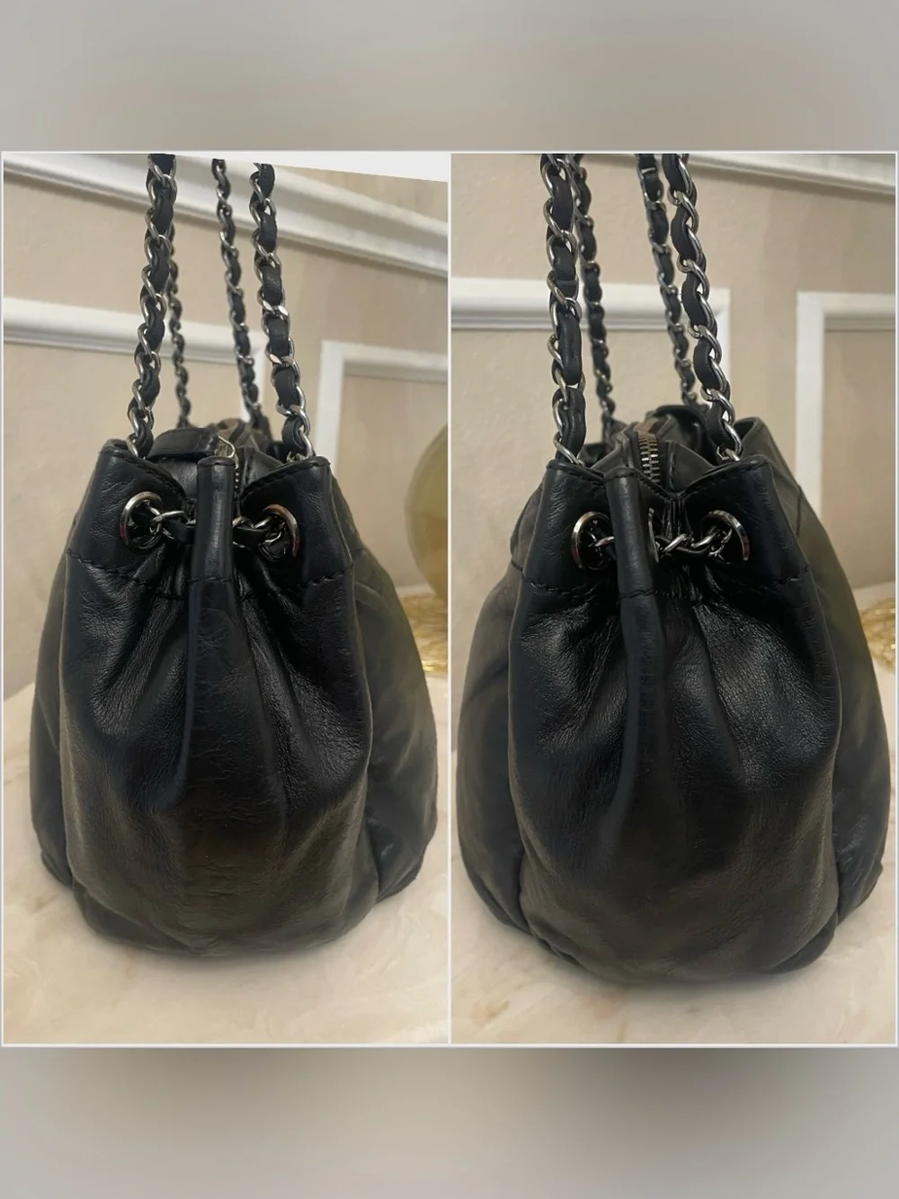 Chanel black large LAX lambskin shoulder bag gunmetal silver hardware plaque